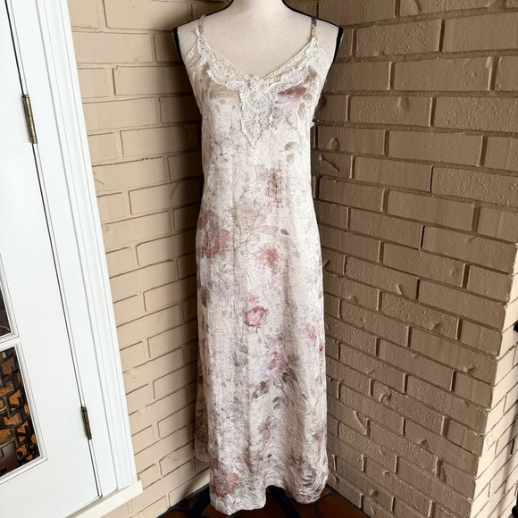 Vintage Dresses & Skirts - Vintage 1980s Nightgown Chemise Slip Dress Floral Lace Satin Going Out Large L